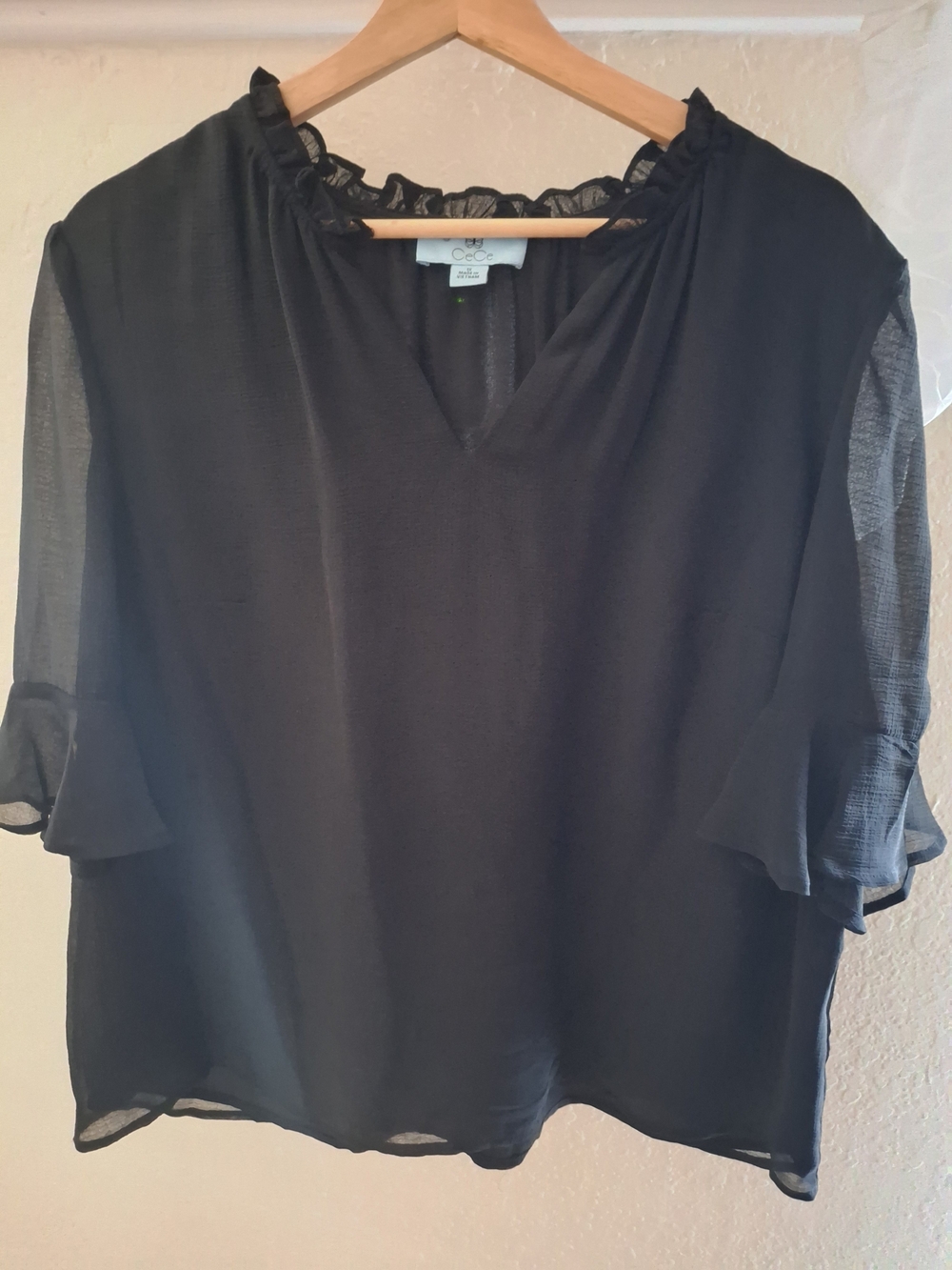 CeCe Black Ruffle Neck Short Sleeve Blouse